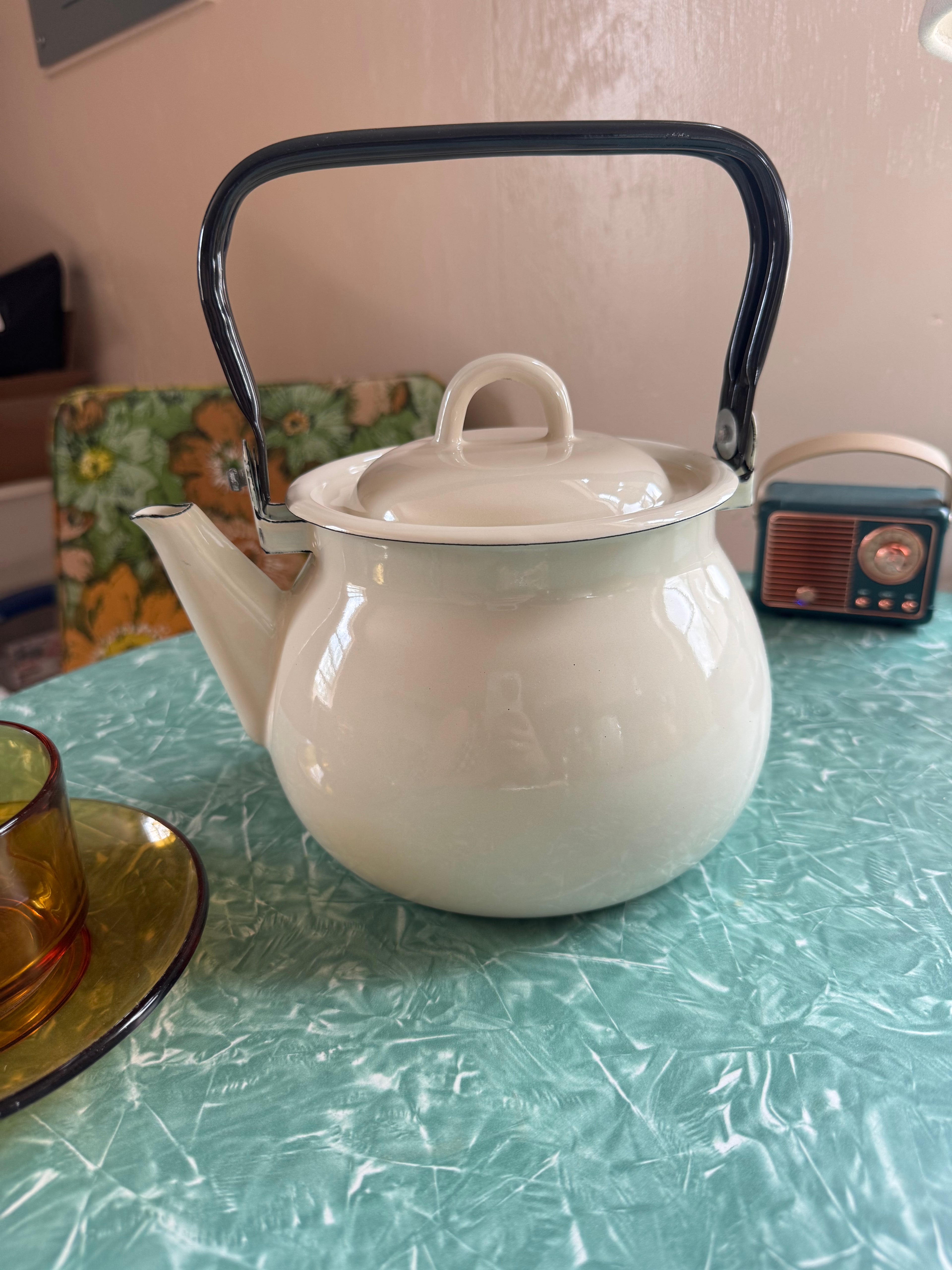 Vintage style enamel tea kettle