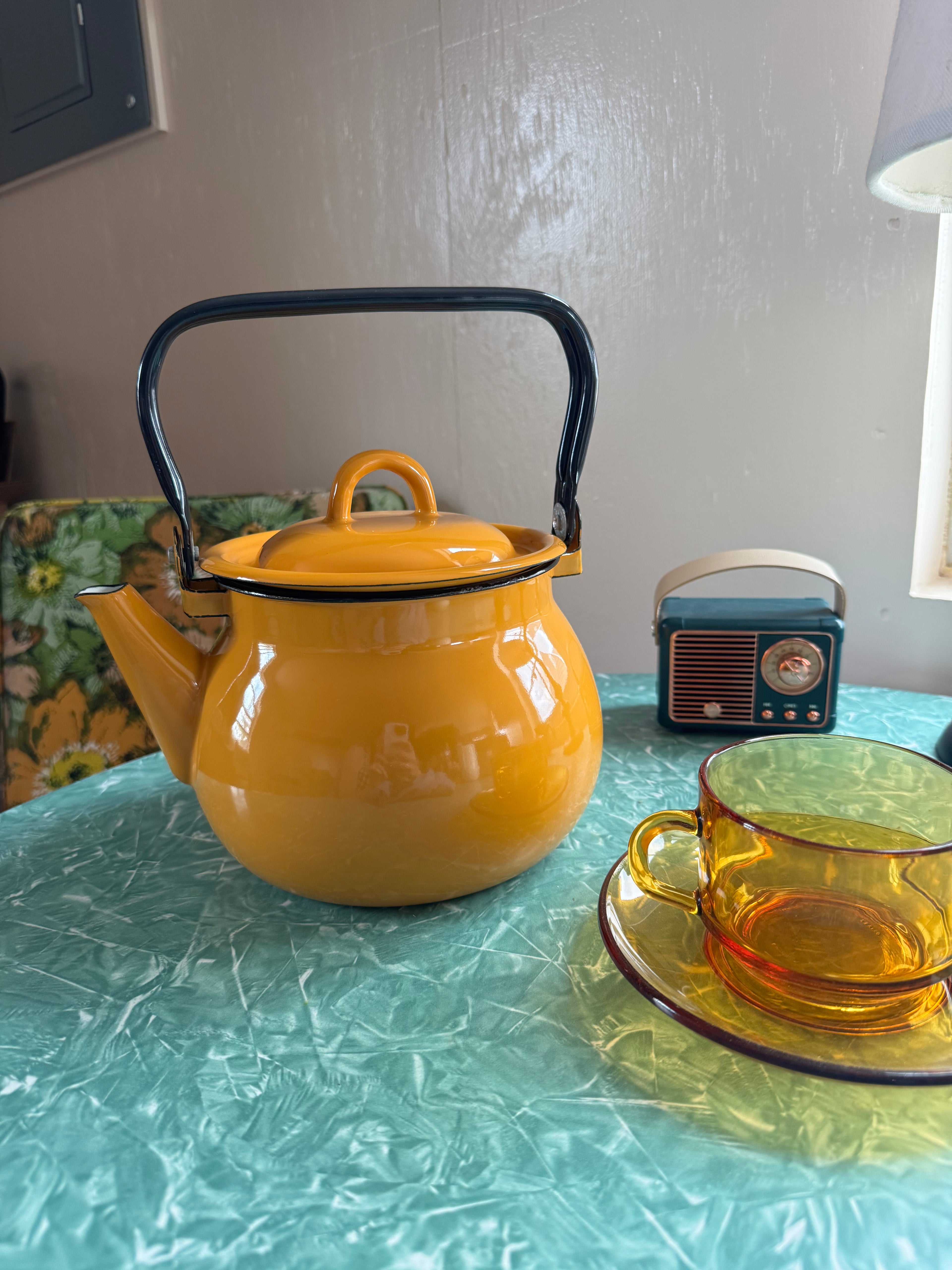 Vintage style enamel tea kettle