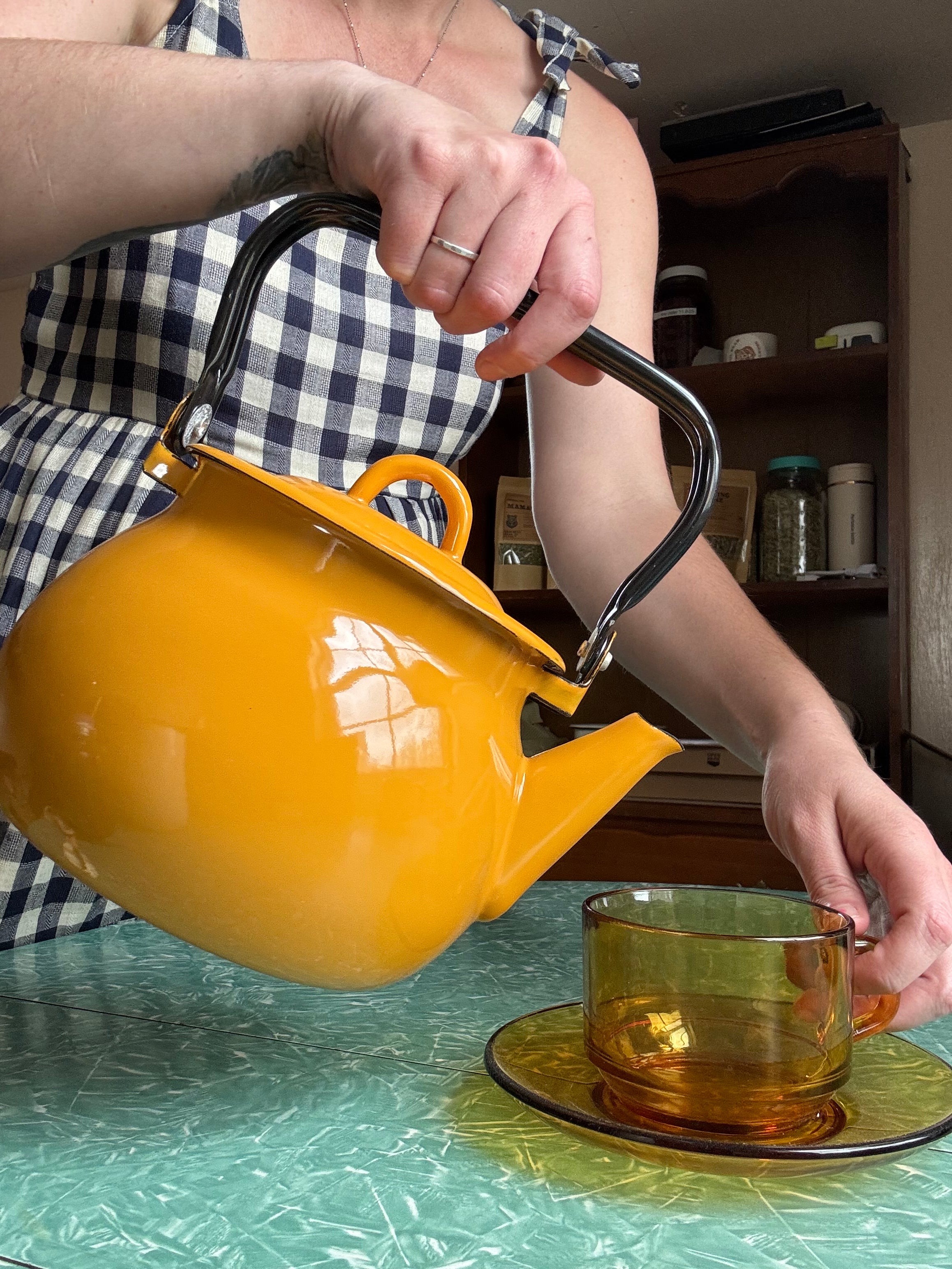 Vintage style enamel tea kettle